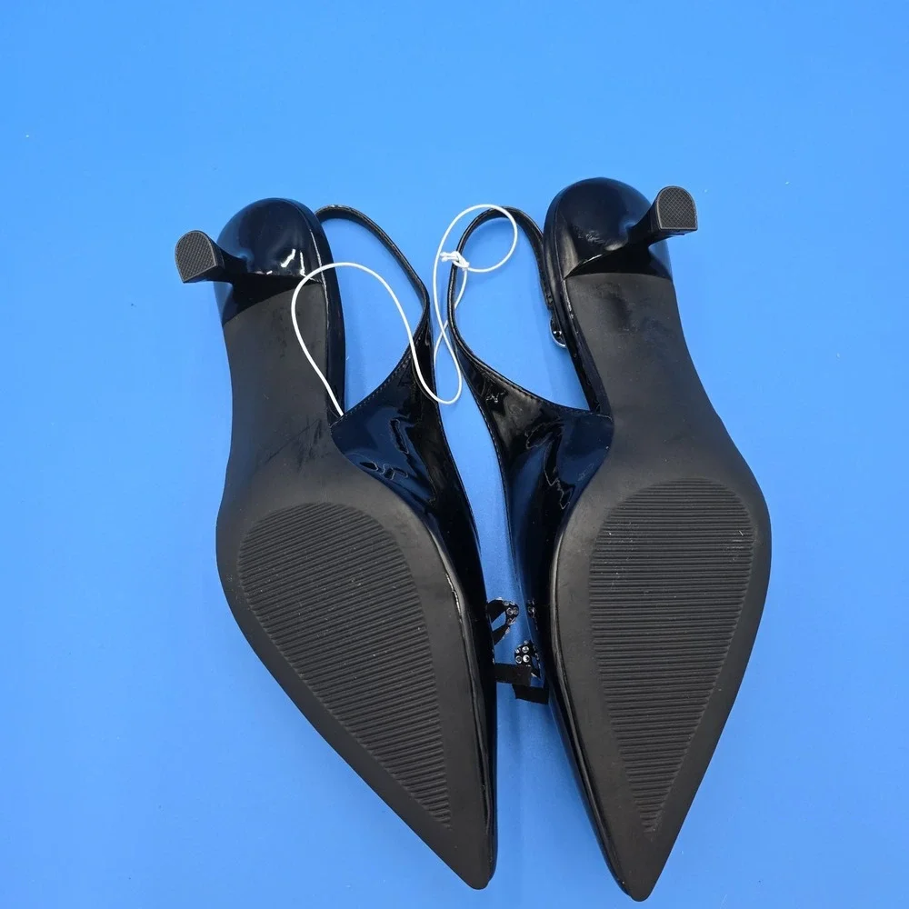 MADDEN GIRL WOMEN'S VIOLETTEE BLACK PATTENT‎ SLINGBACKS Rhinestone Bow 7M NWOB
